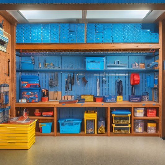 A well-organized garage interior with slatwall panels, hooks, and bins, featuring a workstation with a built-in vice, a labeled pegboard, and a overhead storage rack filled with neatly arranged boxes.