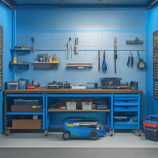 A well-organized garage with a pegboard on the wall, holding various tools and accessories, surrounded by a clean and clutter-free workspace, with a sleek workbench and a rolling toolbox in the center.