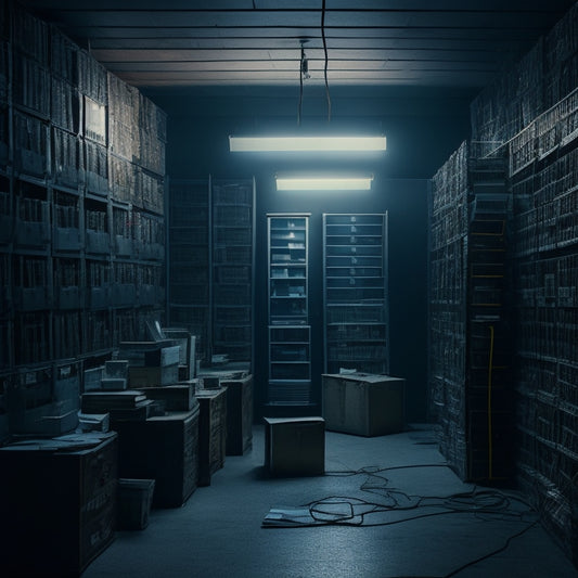 A futuristic, dimly lit archive room with rows of humming servers, tangled cables, and old floppy disks, surrounded by cracked, worn-out books and dusty, forgotten photographs.