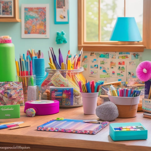 A colorful, clutter-free homeschool desk setup with a mix of art supplies, craft materials, and educational tools, surrounded by inspiring quotes and a few whimsical decorative elements.