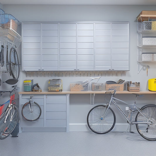 A well-organized garage with sleek, silver cabinets, labeled bins, and a pegboard with hooks, showcasing a clutter-free space with a few bicycles, a toolbox, and a minimalist workbench.