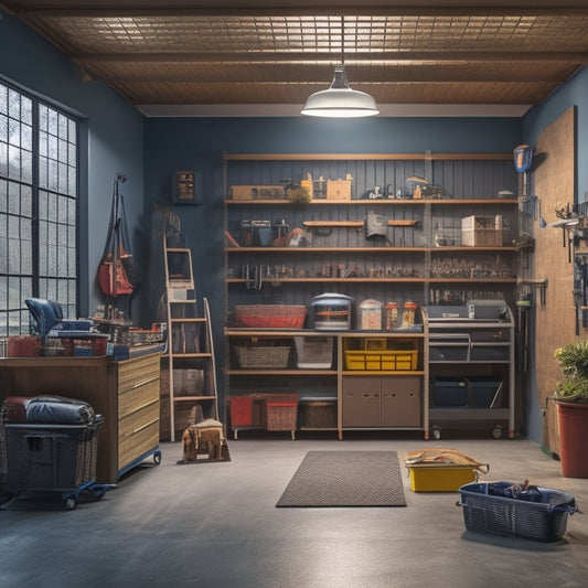 A clutter-free garage with a slatwall, baskets, and hooks, featuring a parked car, a workbench with tools, and a loft storage area with labeled bins, under bright LED lighting.