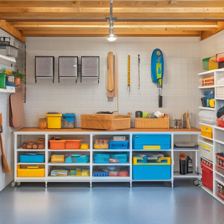 A bright, organized garage interior with a sleek epoxy-coated floor, wall-mounted shelving units, and a pegboard with neatly hung tools and accessories, illuminated by natural light pouring through a large window.