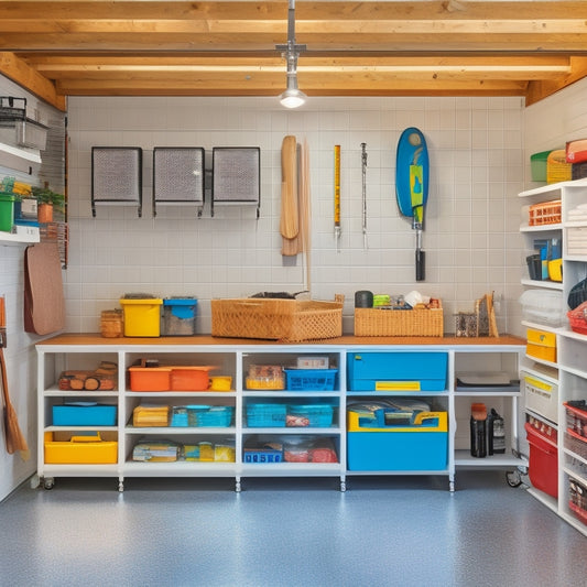 A bright, organized garage interior with a sleek epoxy-coated floor, wall-mounted shelving units, and a pegboard with neatly hung tools and accessories, illuminated by natural light pouring through a large window.