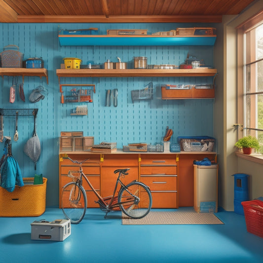A tidy garage with a slatwall featuring hooks, bins, and a pegboard, a labeled cabinet, a tool chest with open drawers, and a floor with a checkerboard pattern and a few parked bicycles.