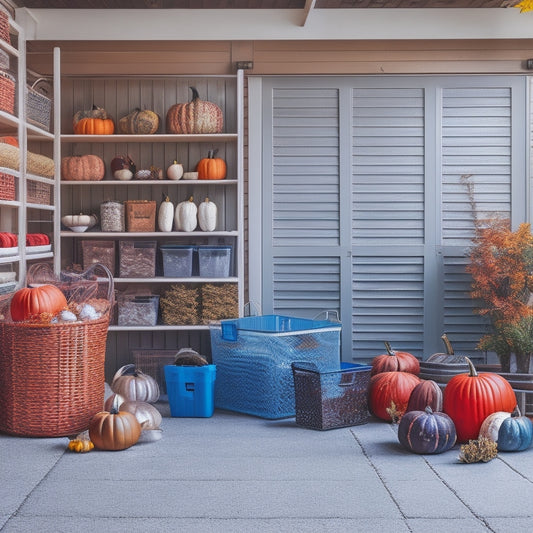 A well-organized garage with clear storage bins and baskets, adorned with autumnal leaves and pumpkins, showcasing a tidy and accessible space for seasonal decorations.