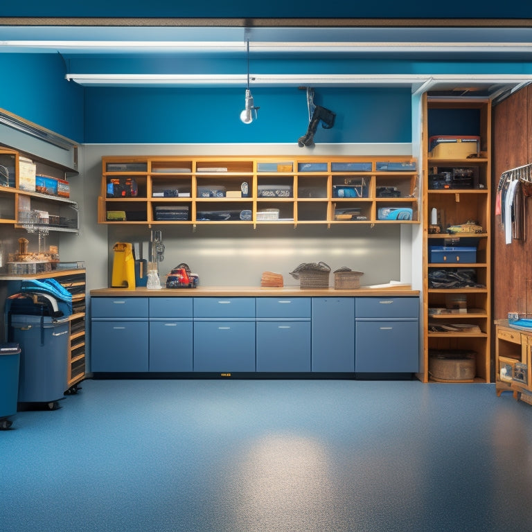 A tidy garage with a slatwall adorned with hooks, bins, and a shelf, a toolbox on a workbench, and a sleek, silver sports car parked in the center, surrounded by epoxy-coated floors.