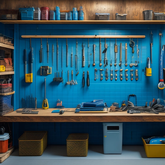 A well-organized workshop with a pegboard wall, hooks, and bins, featuring a variety of tools and equipment, including wrenches, pliers, drills, and a workbench with a vice in the center.