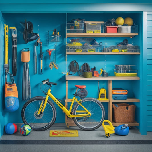 A bright and organized garage with a slatwall, pegboard, and overhead storage, featuring a kids' bike station, a workbench with tools, and a designated zone for sports equipment.