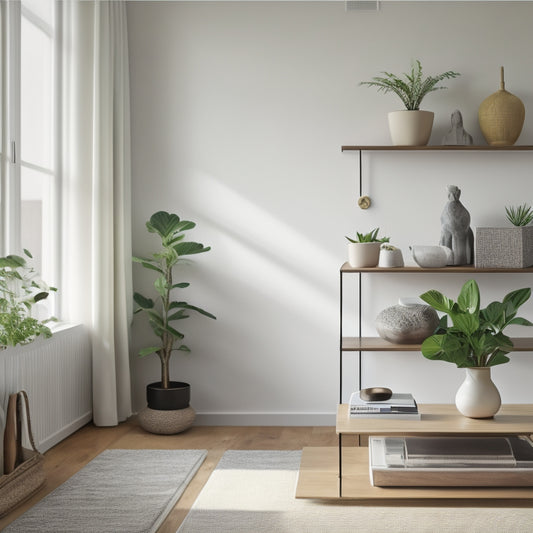A serene, minimalist living room with a sleek, wall-mounted shelf system, a few, carefully curated decorative objects, and a small, potted plant, bathed in warm, natural light.