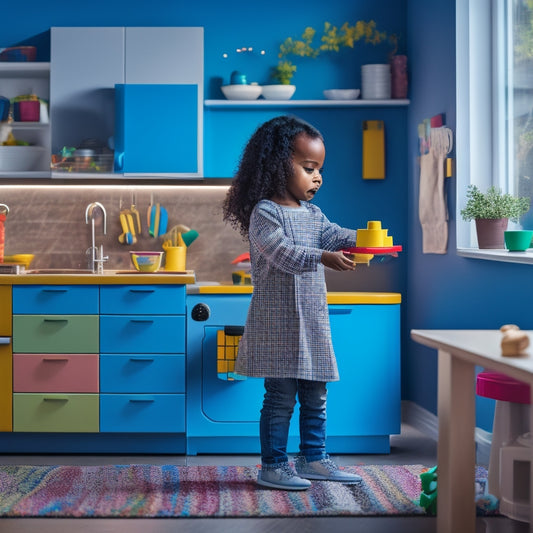A vibrant, well-lit kitchen with colorful blocks, shape sorters, and educational toys integrated into modern kitchen units, showcasing a happy child engaged in playful learning activities.