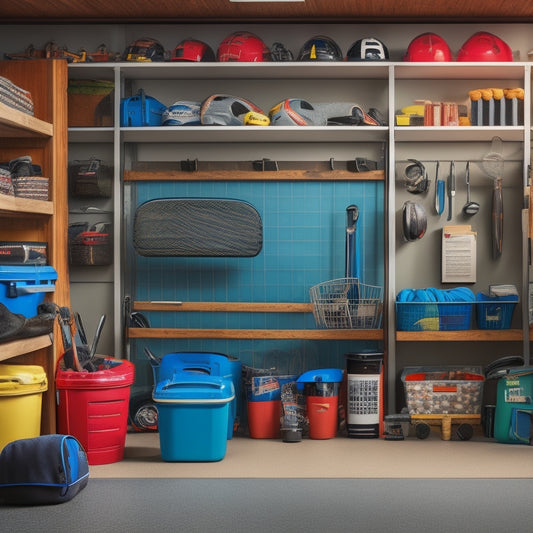 A cluttered garage interior with scattered tools, sports equipment, and storage bins, contrasted with a tidy section featuring a slatwall with hooks, bins, and a labeled shelving unit.