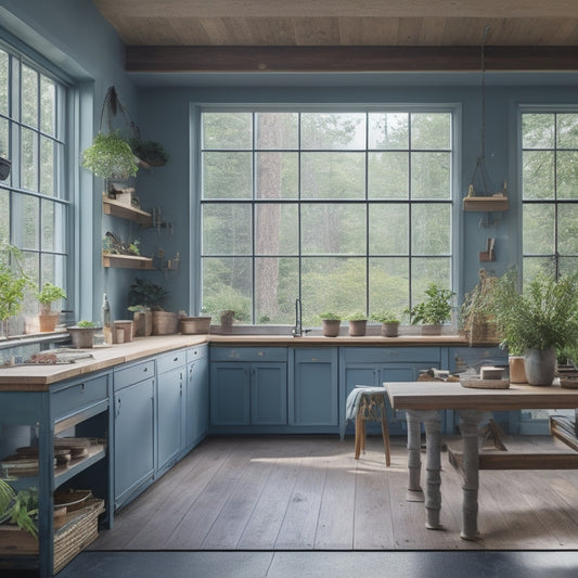 A well-lit, spacious workshop with wooden workbenches, ample shelving, and cabinets in a calming blue-grey color scheme, surrounded by lush greenery and natural light pouring in through large windows.
