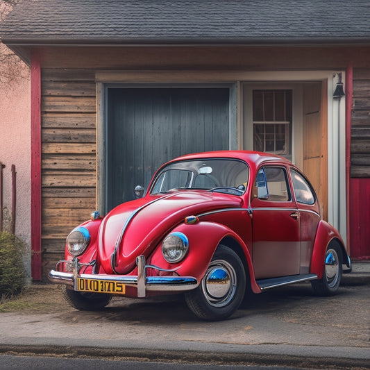 A vintage Volkswagen Beetle, gleaming in cherry red, parked in front of a retro-style garage with a distressed wooden door, surrounded by scattered VW badges, wheels, and nostalgic car memorabilia.