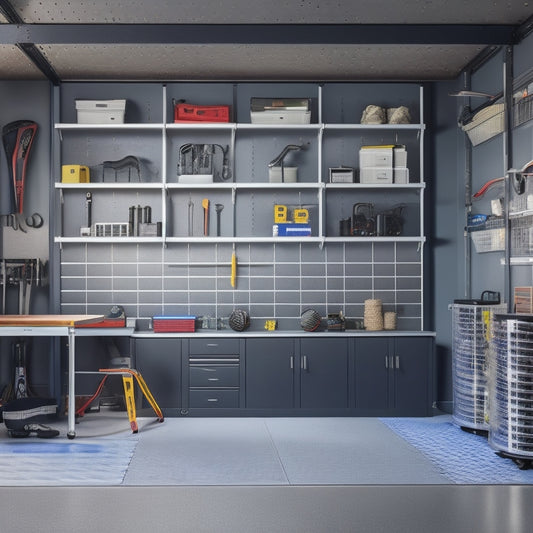 A well-lit, modern garage with sleek, silver storage units, labeled bins, and a pegboard adorned with neatly hung tools, surrounded by a polished, epoxy-coated floor and a few strategically placed sports equipment.