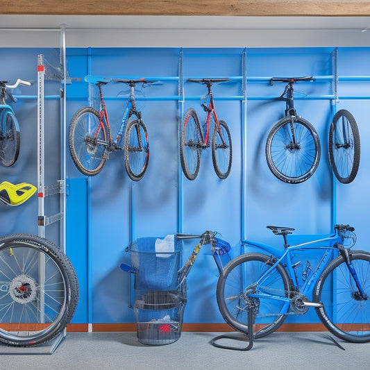 A well-organized garage with a vertical bike rack holding three mountain bikes, a slatwall with hooks for helmets and jerseys, and a storage bin labeled with a soccer ball icon.