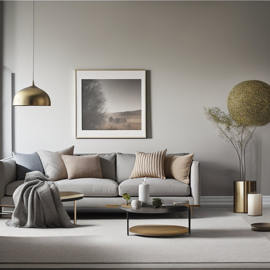 A serene, minimalist living room with a sleek, low-profile sofa in a muted gray tone, accented with a statement piece of abstract art and a few carefully placed, modern decorative objects.