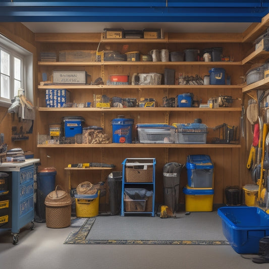 A cluttered garage with tools scattered on the floor, transformed into an organized space with labeled bins, a pegboard, and a DIY workstation, with a busy homeowner in the background, smiling.
