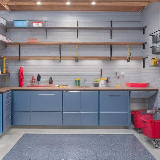 A clutter-free garage with epoxy-coated floors, sleek cabinets, and a slatwall with hooks, bins, and baskets, featuring a workstation with a built-in vice and a pegboard with hanging tools.