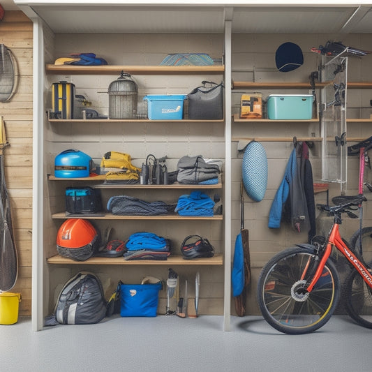 A clutter-free garage with bicycles, kayaks, and outdoor gear organized on wall-mounted racks, bins, and shelves, with a few balls and camping equipment neatly stored on the floor.