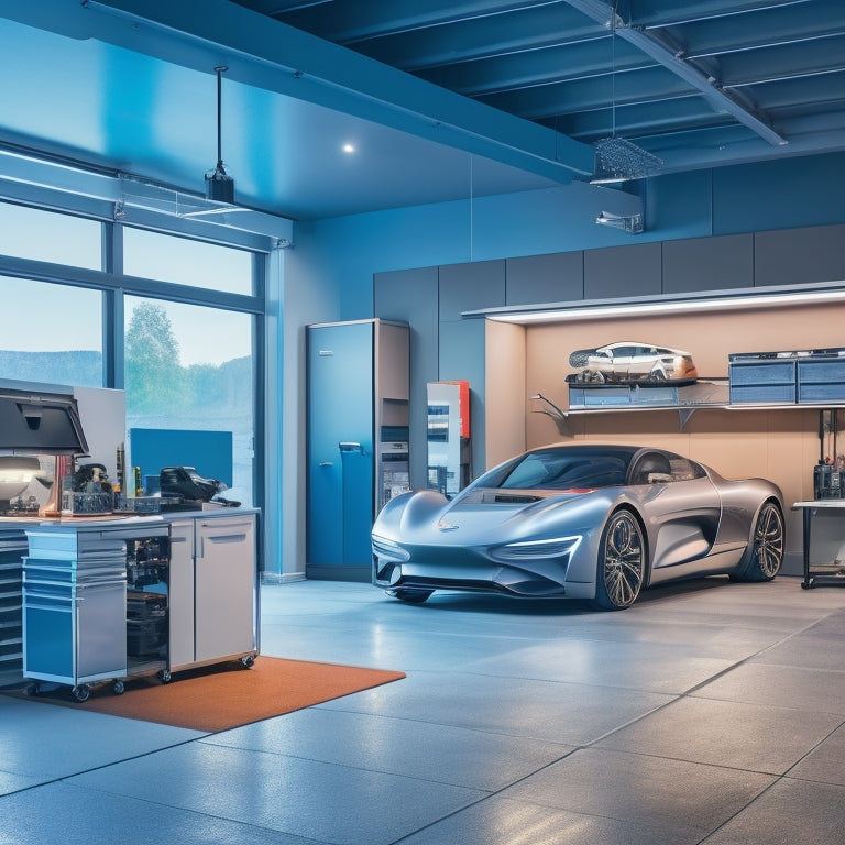 A modern garage with sleek, silver tools and gadgets lining the walls, a state-of-the-art workstation in the center, and a futuristic, electric car parked in the background.
