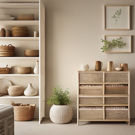 A serene, minimalist room with a few strategically placed birchwood shelves, baskets, and cabinets, showcasing organized spaces, with soft, warm lighting and a calming natural background.