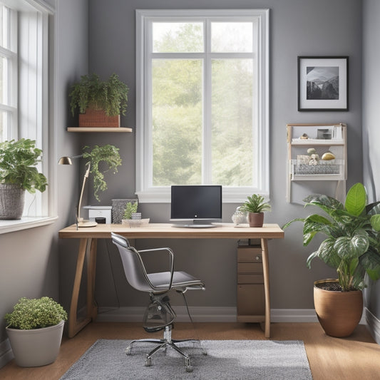 A clutter-free home office with a Versa Lift desk, featuring a laptop, a small potted plant, and a few neatly organized files, set against a calming light-gray background with soft, natural light.