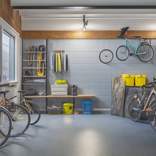 A clutter-free garage with bicycles, surfboards, and skis organized on wall-mounted racks, bins, and hooks, surrounded by a sleek epoxy-coated floor and well-lit with LED strips.