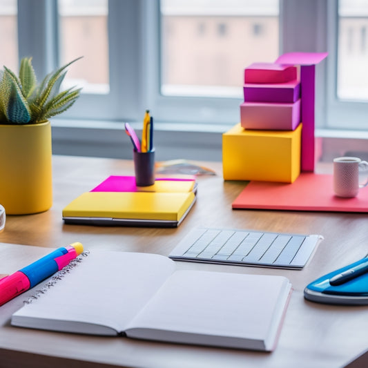 A colorful, minimalist desk setup with a half-opened bullet journal, a set of vibrant pens, and a few scattered sticky notes, surrounded by a subtle, blurred-out office background.