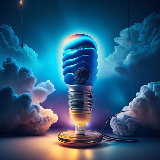 A stylized illustration featuring a podcast microphone surrounded by sound waves, with a lightbulb glowing brightly at the center, surrounded by swirling clouds of creativity and innovation.