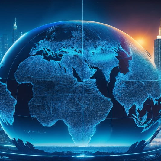 A globe with glowing blue lines and nodes, surrounded by various icons of market trends (charts, graphs, etc.) and a subtle cityscape in the background, lit up at night.