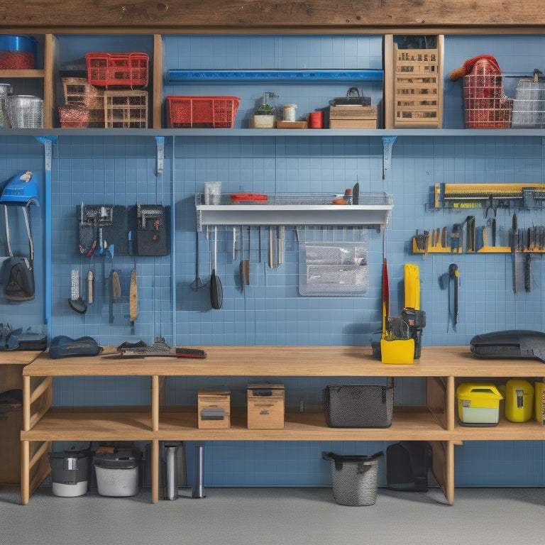 A well-organized garage with a pegboard covered in hanging tools, a shelving unit with labeled bins, and a sleek workbench with a vice and a few neatly arranged gadgets.
