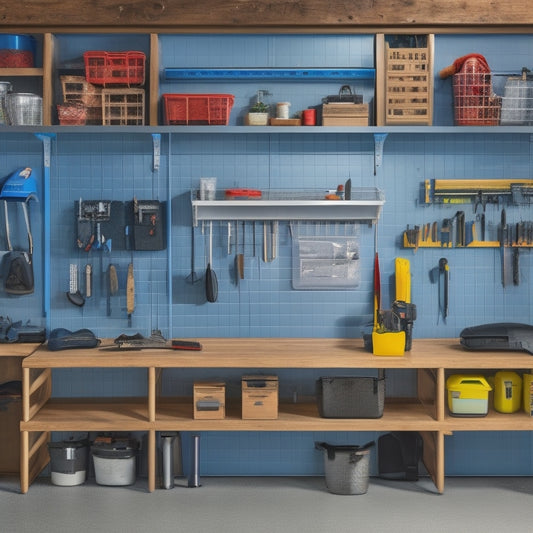 A well-organized garage with a pegboard covered in hanging tools, a shelving unit with labeled bins, and a sleek workbench with a vice and a few neatly arranged gadgets.