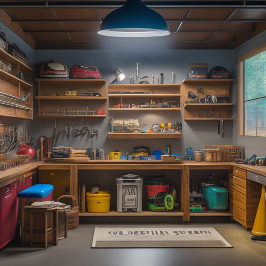 A well-organized garage interior with a wooden workbench, metal cabinets, and shelves stocked with labeled bins, tools, and sports equipment, illuminated by a large window and LED lighting.