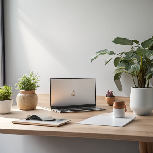 A serene, minimalist workspace with a sleek laptop, a few neatly labeled folders, and a small, thriving potted plant on a polished wooden desk, set against a soft, creamy background.