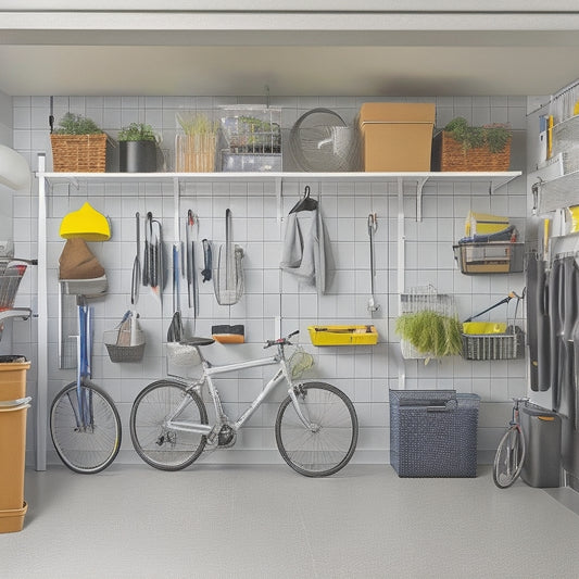 A well-organized garage with a slatwall featuring hooks, baskets, and bins, a pegboard with tools, a floor-to-ceiling shelving unit, and a sleek, silver, 4-bike storage rack mounted on the ceiling.