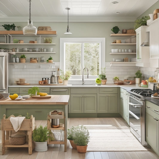 A bright, modern kitchen with sleek white cabinets, stainless steel appliances, and a large island in the center, surrounded by various DIY projects, including a living green wall and a rustic wooden shelving unit.