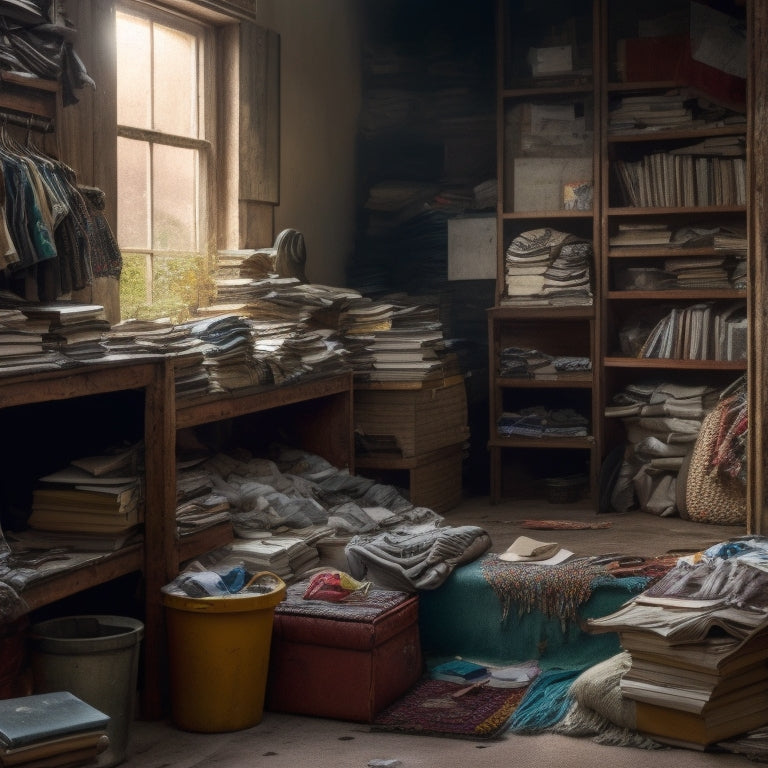 A cluttered room with a lone, empty shelf in the corner, surrounded by piles of clothes, dusty trinkets, and stacks of worn books, with a faint outline of a peaceful, organized space in the background.