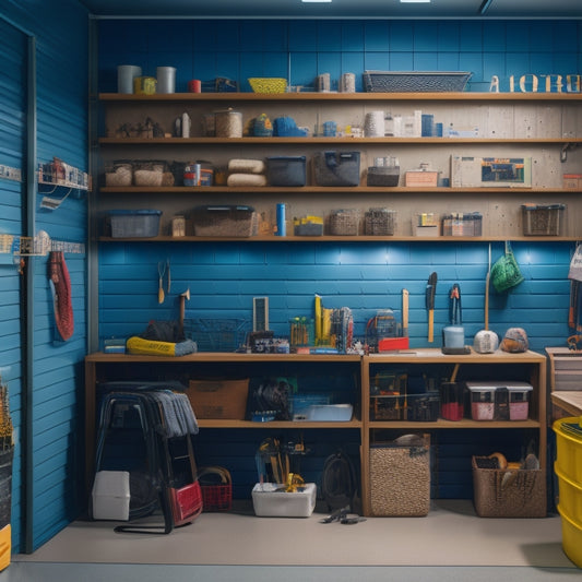 A clutter-free garage with a pegboard displaying organized tools, a slatwall with colorful bins and baskets, and a shelving unit with labeled storage containers, all illuminated by natural light.