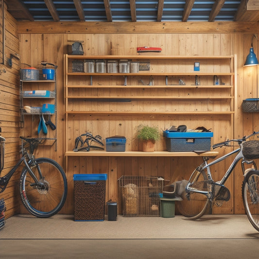 A well-lit, organized garage with a custom shelving system, featuring sturdy metal frames, wooden planks, and baskets, holding various tools, storage bins, and a few bikes, with a pegboard in the background.