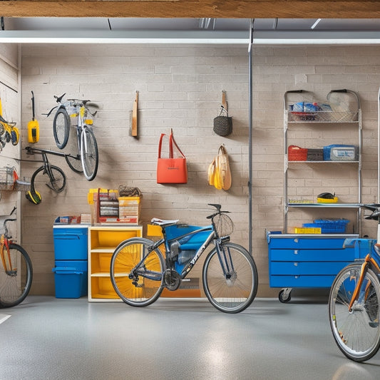 A bright, well-lit garage with sleek metal shelving, labeled bins, and a pegboard adorned with hanging tools, amidst a clean, polished concrete floor and a few strategically parked bicycles.