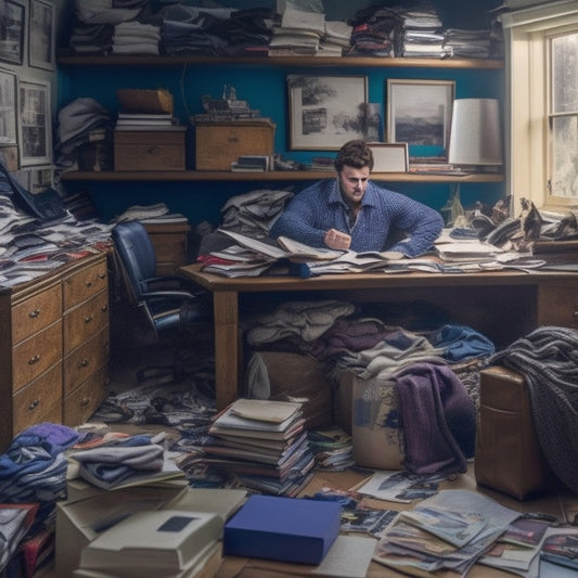 A cluttered room with piles of clothes, books, and papers overflowing from shelves, with a clock in the background showing 10 minutes, surrounded by scattered time-management tools and a frazzled person in the corner.