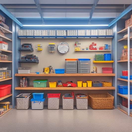A well-organized garage with sleek, silver shelving units, filled with neatly arranged storage bins, tools, and baskets, surrounded by a spotless floor and a few strategically placed LED lights.