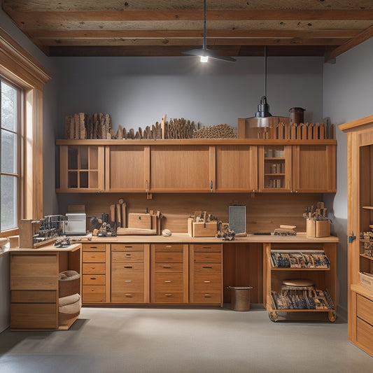 A modern, well-lit woodworking shop with sleek, space-saving wood storage units, including a vertical storage system with labeled bins and a sliding panel that reveals a hidden compartment.