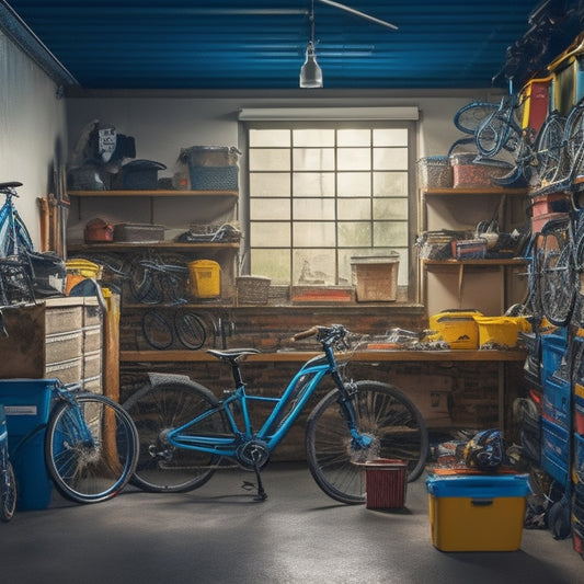 A cluttered garage with bikes, tools, and boxes scattered on the floor, contrasted with an overhead storage system featuring neatly organized bins, bikes, and equipment suspended from the ceiling.