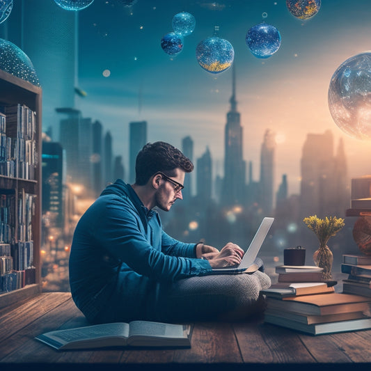 An illustration of a person sitting in front of a laptop, surrounded by floating globes, books, and gears, with a subtle cityscape background and soft, pulsing lightbulbs.