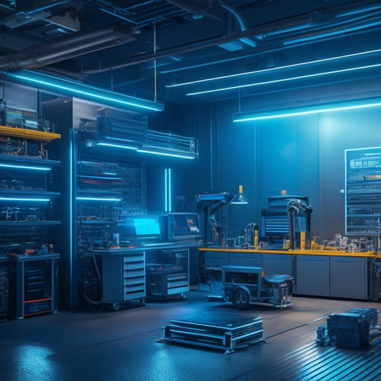 A futuristic auto repair garage with robotic arms, 3D printers, and augmented reality visors, surrounded by sleek, high-tech diagnostic tools and efficient workflows, amidst a backdrop of glowing circuit boards.