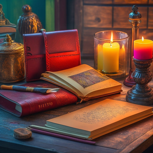 A vintage, leather-bound journal lies open on a cluttered, wooden desk, surrounded by scattered paintbrushes, colorful paper scraps, and a single, lit candle, casting a warm, golden glow.