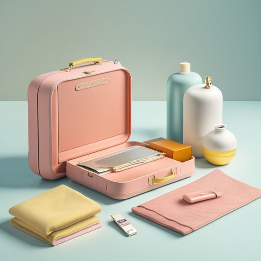 A minimalist illustration of a small, sleek suitcase with a surprising number of items spilling out, including a laptop, books, clothes, and travel accessories, in a bright, pastel color palette.