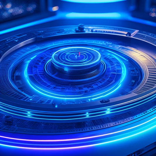 A futuristic, high-tech background with sleek, metallic accents and neon lights, featuring a stylized vinyl record with glowing blue circuits and a subtle, pulsing aura.